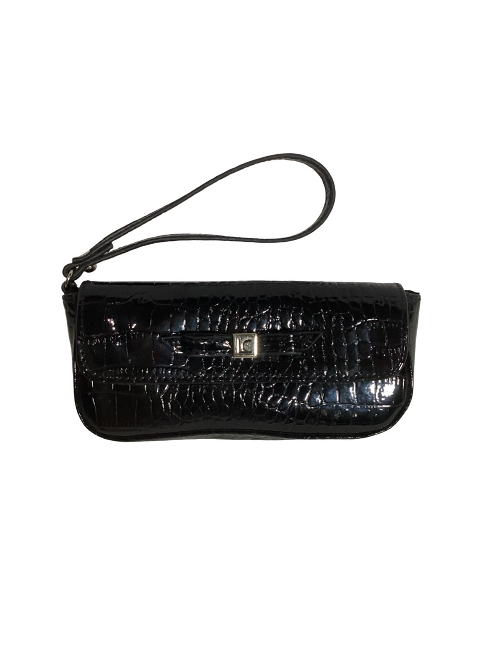 Liz Claiborne Black Faux Croc Embossed Patent Leather Wristlet Clutch EUC Snaps